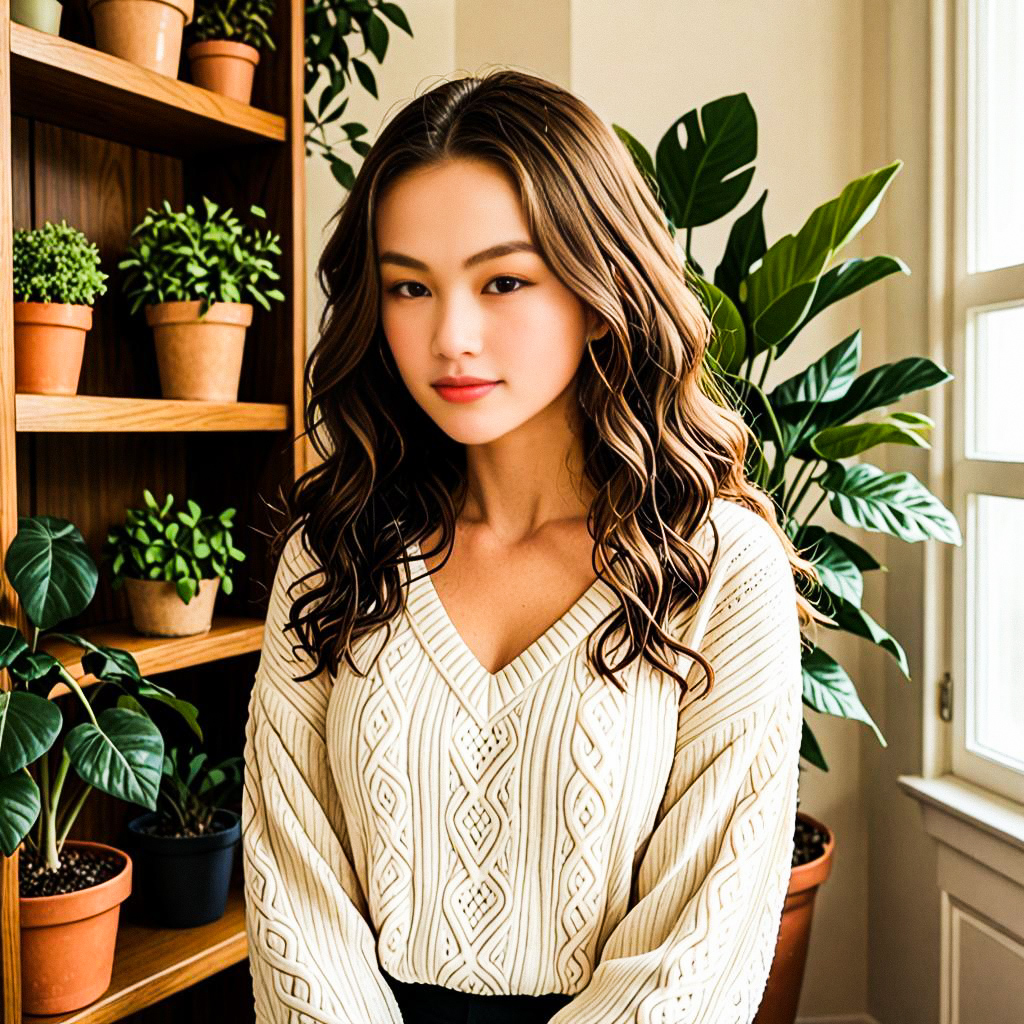 Young Woman in Cream Sweater Surrounded by Plants Young Woman in Cream Sweater Surrounded by Plants