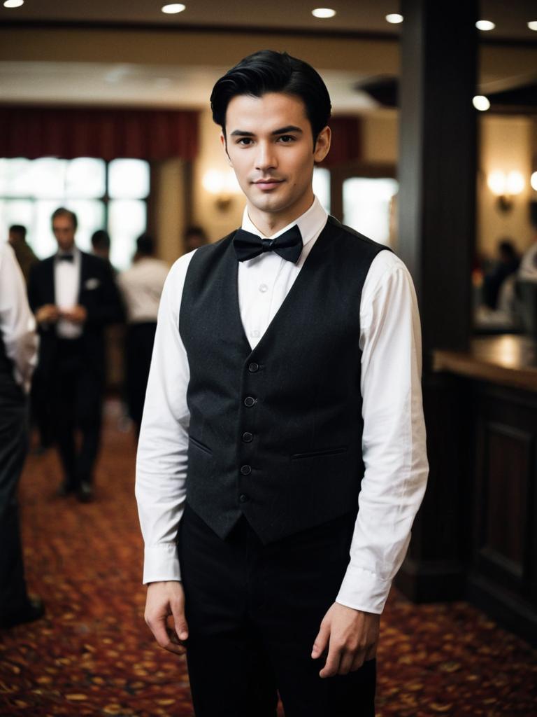 Card Dealer Man in Classic Black Vest and Bowtie Costume