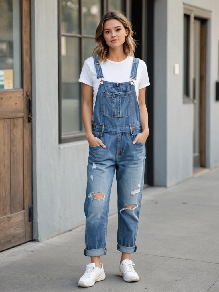 Young Woman in Casual Denim Overalls in Urban Setting