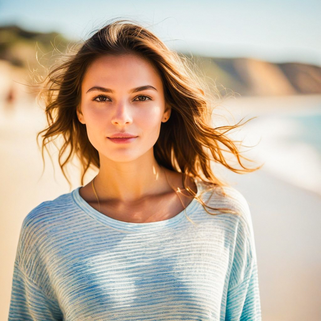 Young Woman on Sunlit Beach Young Woman on Sunlit Beach