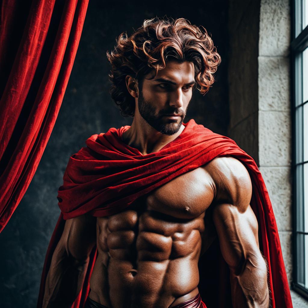Muscular Man with Red Cape and Wavy Hair in Dramatic Realistic Portrait