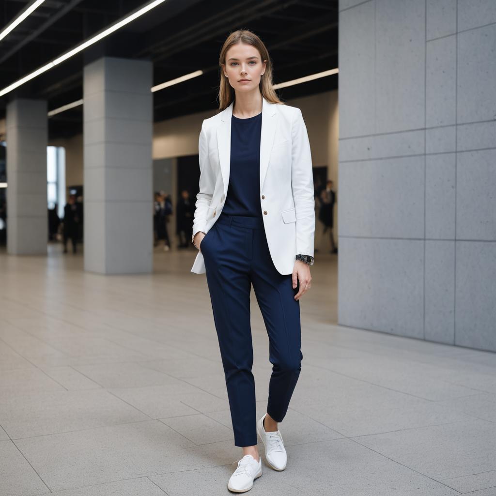 Professional Woman in Navy and White Business Casual Outfit in Modern Office