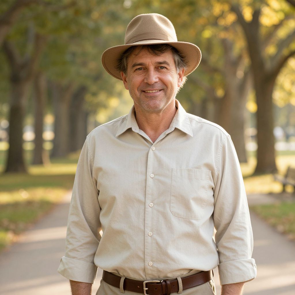 Middle-aged Man in Beige Shirt and Hat on Tree-lined Path Outdoors