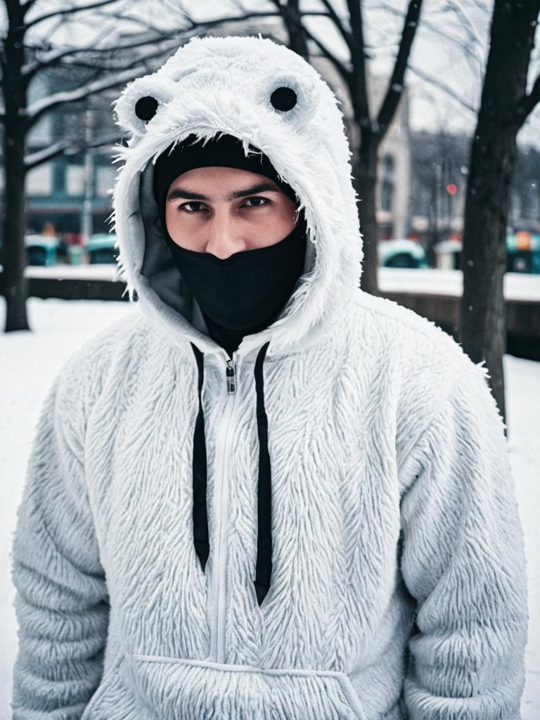 Man in Realistic Abomasnow Cosplay Costume Outdoors in Snow