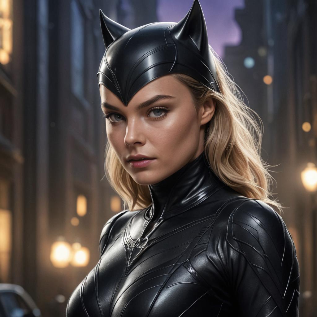 Catwoman Styled Woman in Dynamic Pose Against Cityscape