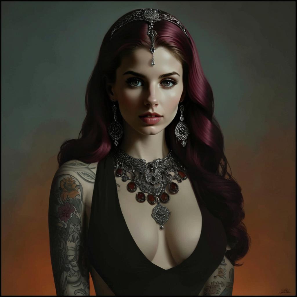 Elegant Woman with Burgundy Hair and Ornate Jewelry Portrait
