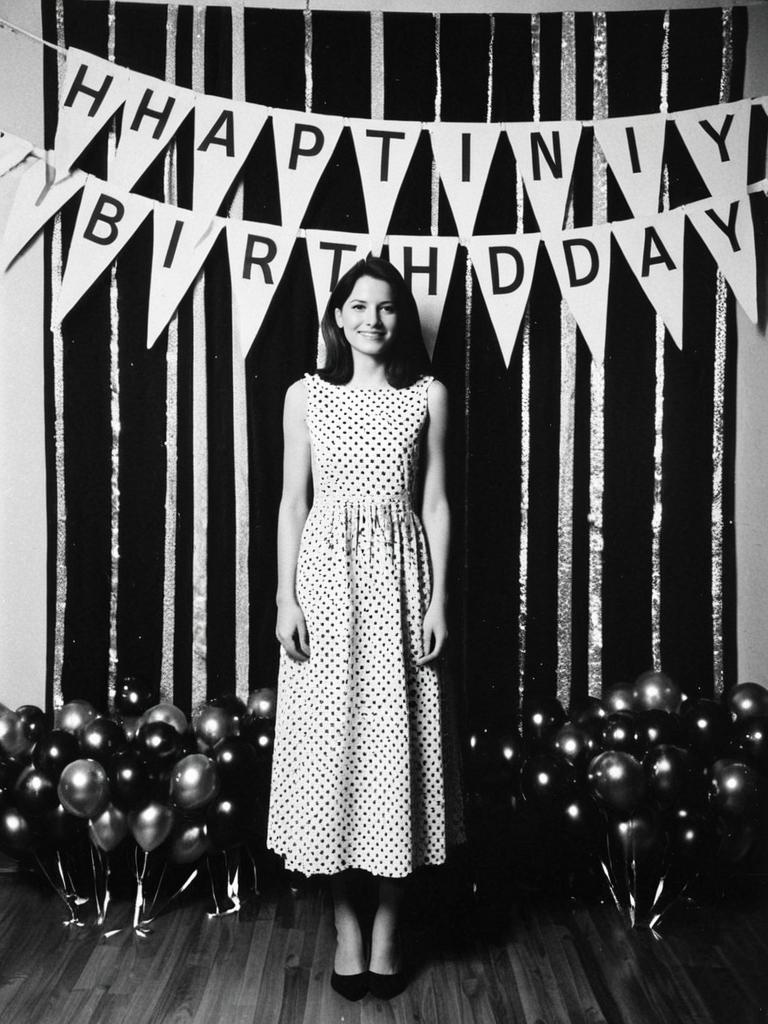 Woman in Polka Dot Dress at Vintage Birthday Party Decoration