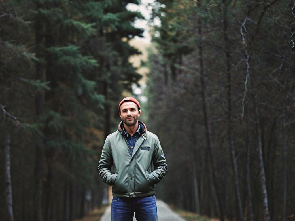 Man on Pathway Surrounded by Evergreens