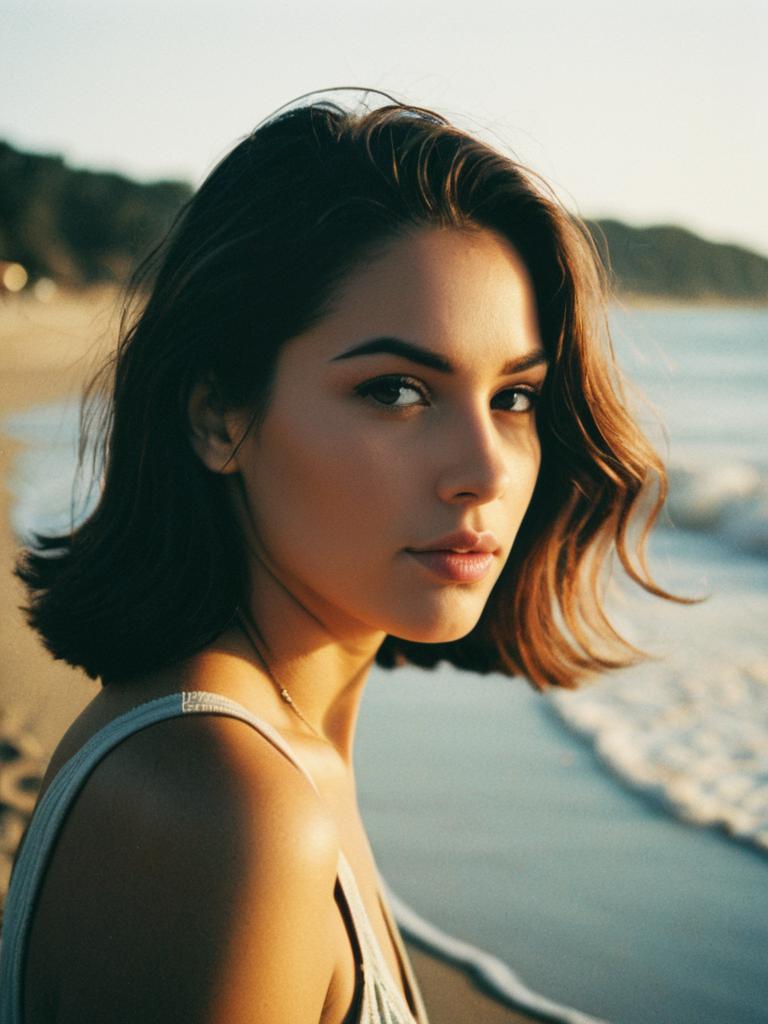 Portrait of Woman on Beach at Golden Hour with Soft Natural Lighting