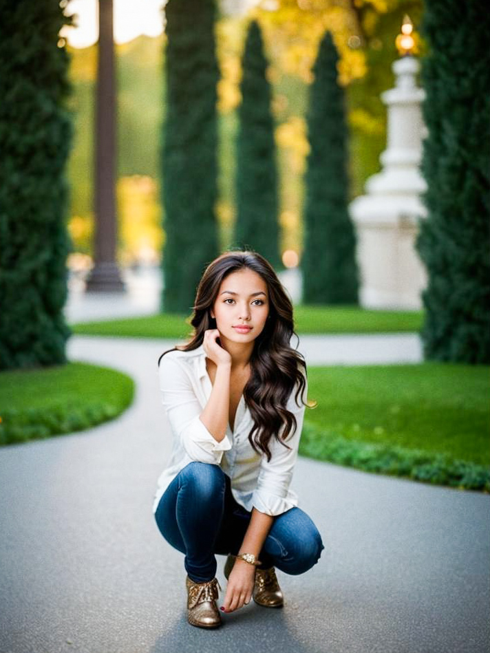 Young Woman Crouching in Greenery