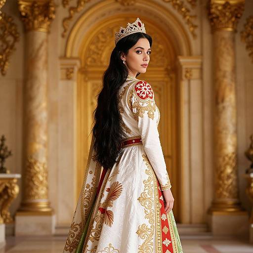 Regal Woman in Ornate White and Gold Embroidered Gown with Crown in Palace