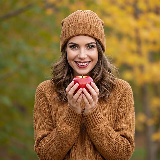 Smiling Woman Holding Red Apple in Autumn Sweater and Beanie