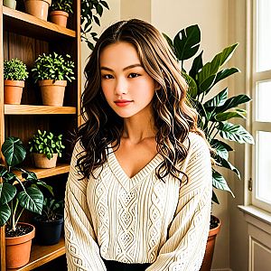 Young Woman in Cream Sweater Surrounded by Plants