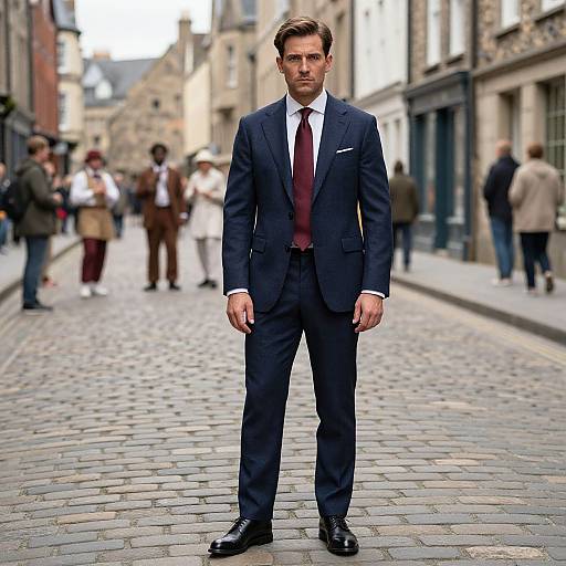 Confident Man in Navy Suit on Cobblestone Street Urban Setting