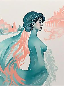 Teal and Coral Woman in Abstract Architecture