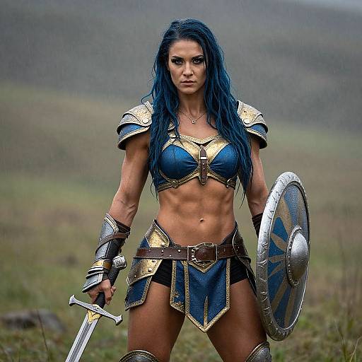 Warrior Woman in Fantasy Armor with Sword and Shield