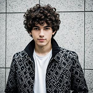 Young Man with Curly Hair in Patterned Jacket Urban Portrait
