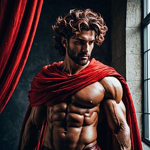 Muscular Man with Red Cape and Wavy Hair in Dramatic Realistic Portrait