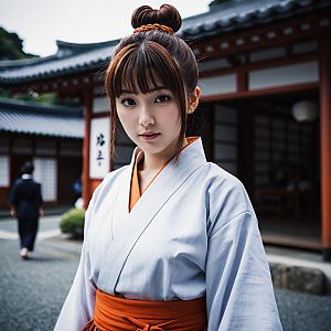 Japanese Woman in Traditional Kimono with Brown Hair Bun at Temple