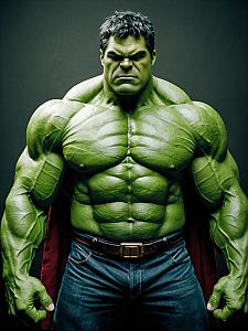 Photorealistic Man in Hulk Costume Waist Up Editorial Portrait
