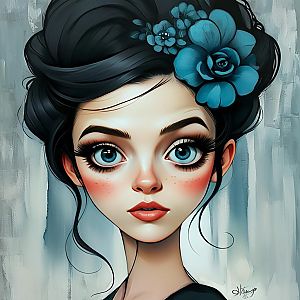 Stylized Portrait of a Woman with Blue Eyes and Flowers
