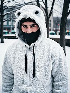 Man in Realistic Abomasnow Cosplay Costume Outdoors in Snow