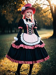 Sexy Perona Cosplay Woman in Victorian-Inspired Dress Outdoors