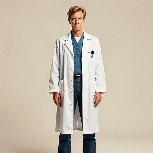 Serious Male Doctor in White Lab Coat and Blue Scrubs