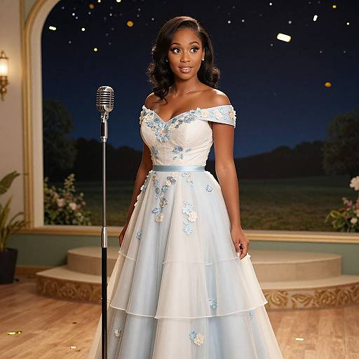 Elegant Woman in Floral Off-Shoulder Gown by Vintage Microphone