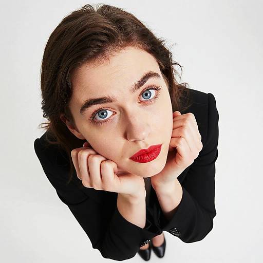 Young Woman with Blue Eyes and Red Lipstick in Black Blazer Looking Up