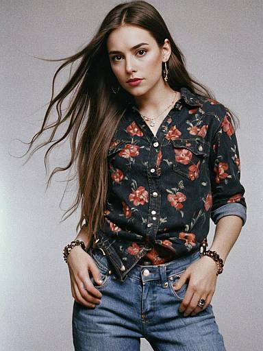 Young Woman in Floral Shirt and Blue Jeans Casual Fashion Portrait