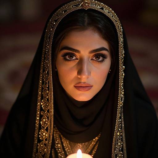 Portrait of Woman in Black Embroidered Headscarf with Candlelight