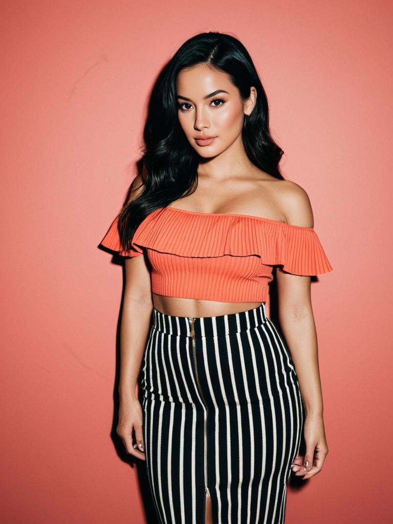 Stylish Woman in Orange Crop Top and Striped Skirt Against Coral Background