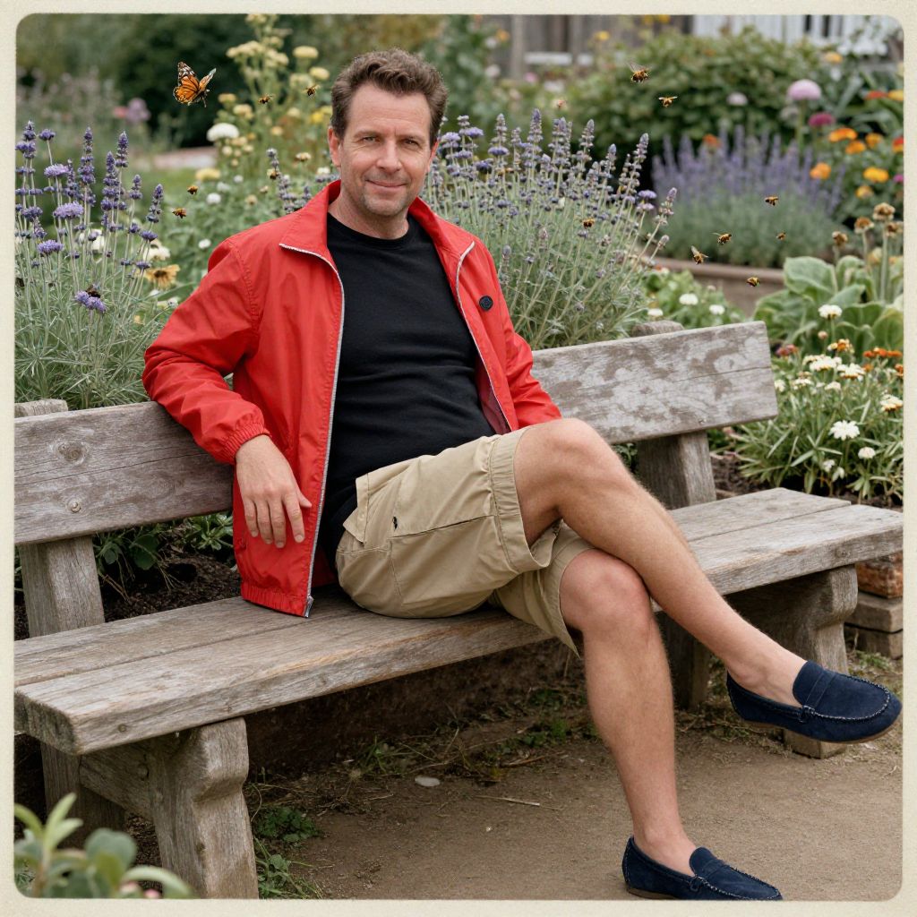 Man Relaxing on Garden Bench Surrounded by Flowers and Bees