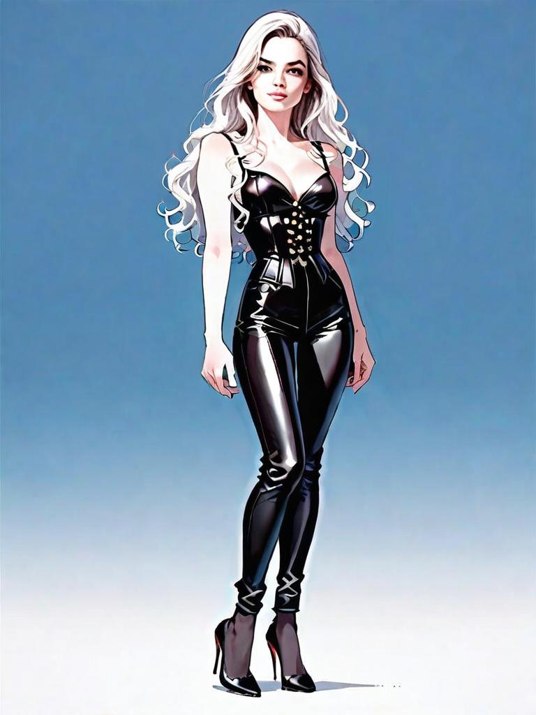 Realistic Comic Style Woman in Black Leather Outfit Full Body Illustration