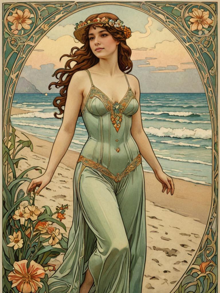 Vintage Swimsuit Woman by Seaside