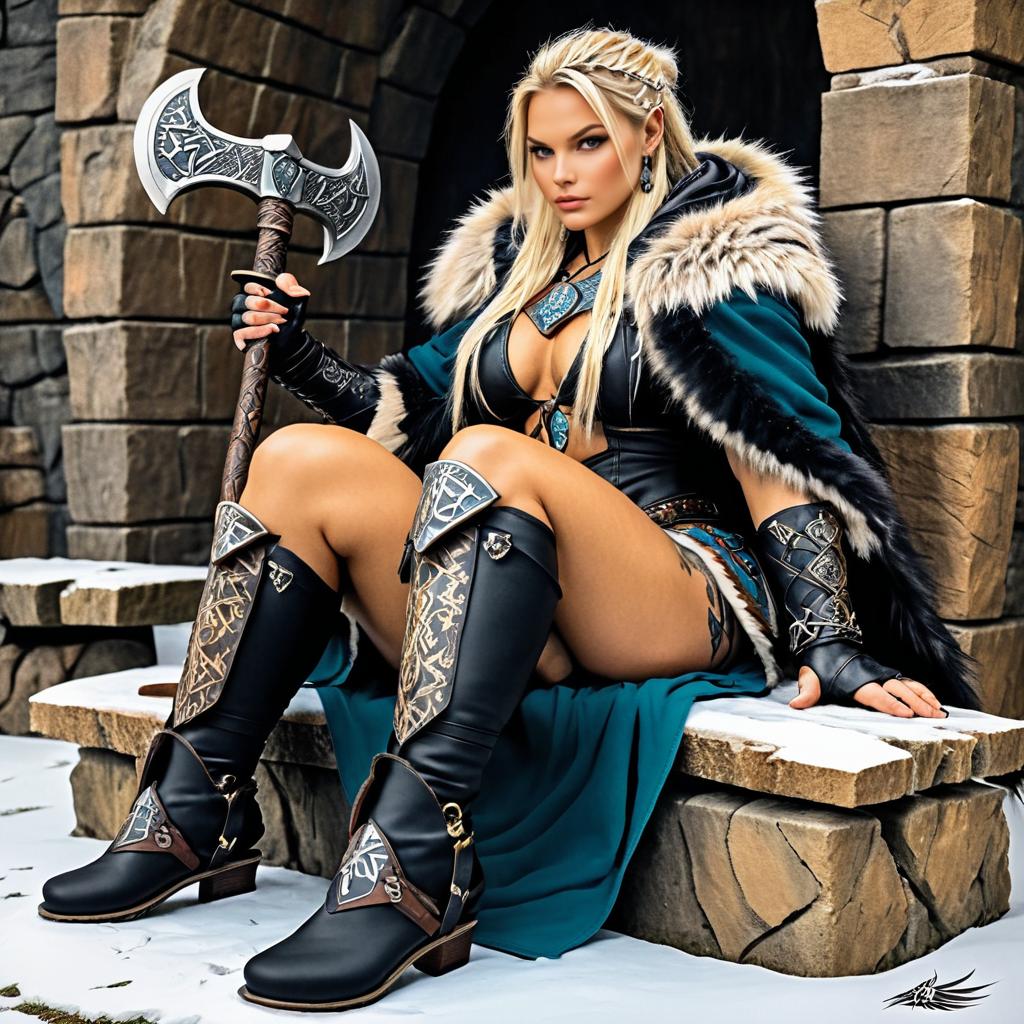 Fantasy Warrior Woman with Axe in Snowy Setting