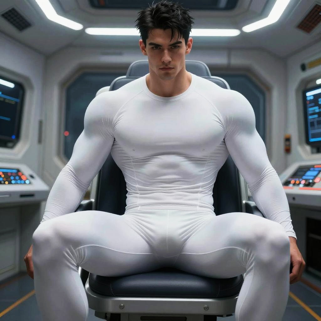Muscular Man in Futuristic White Suit in Sci-Fi Control Room