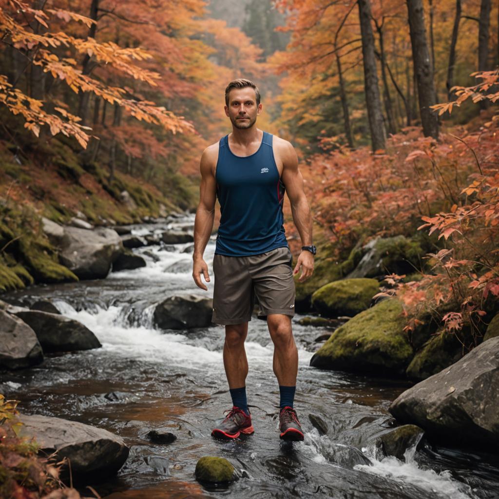 Confident Man in Autumn Stream