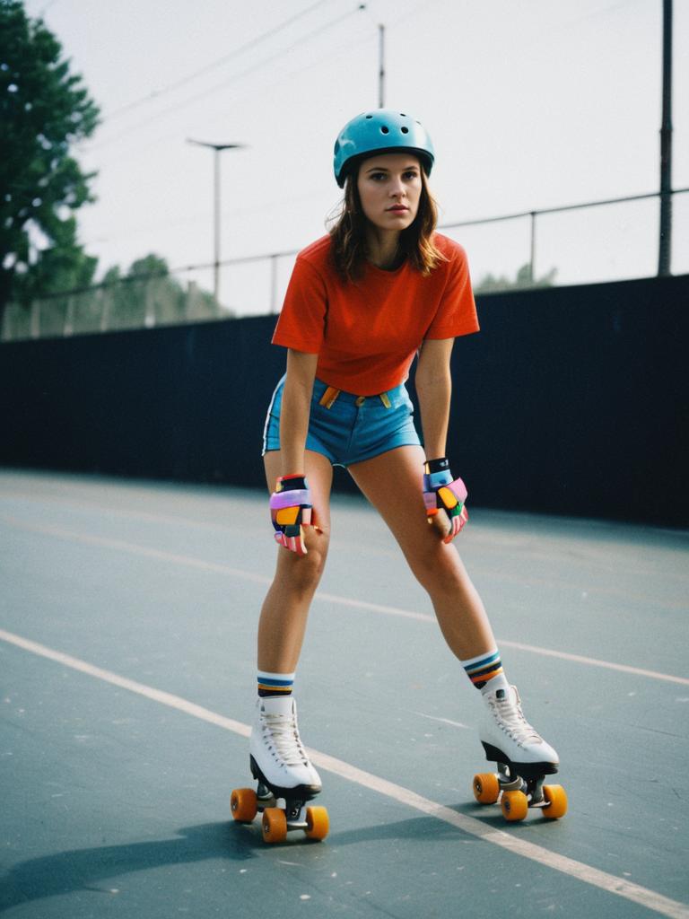 Woman in Roller Skating Outfit with Colorful Editorial Style and Cinematic Realism