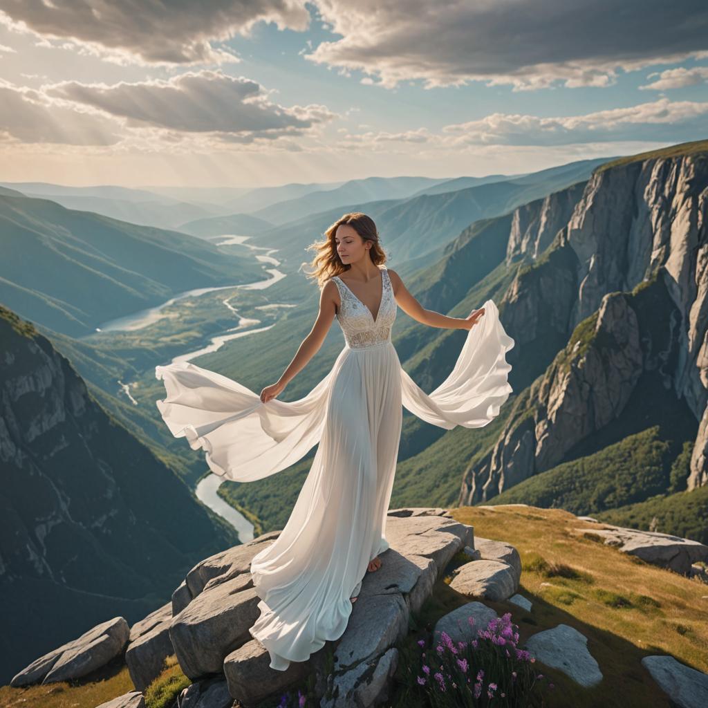 Elegant Woman in White Dress on Rocky Ledge