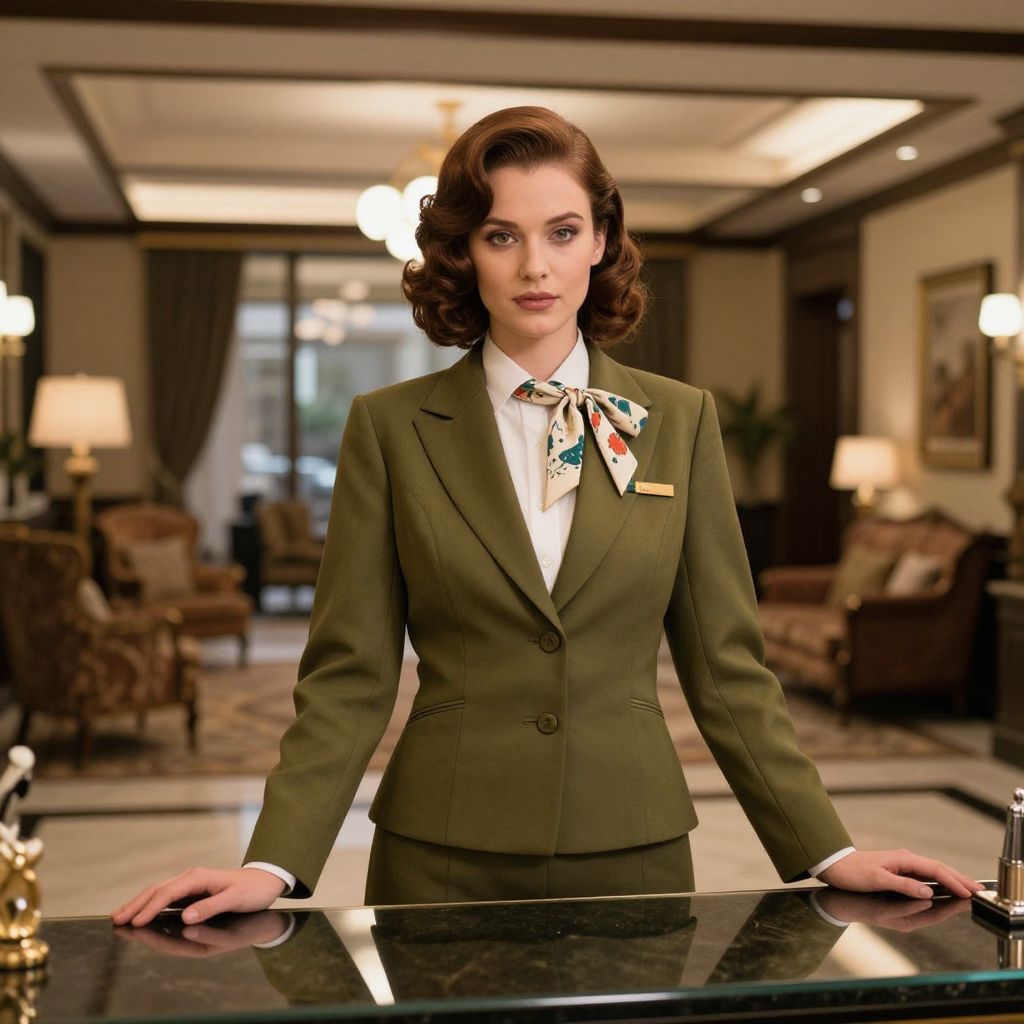 Professional Woman Hotel Receptionist in Olive Green Suit Vintage Style