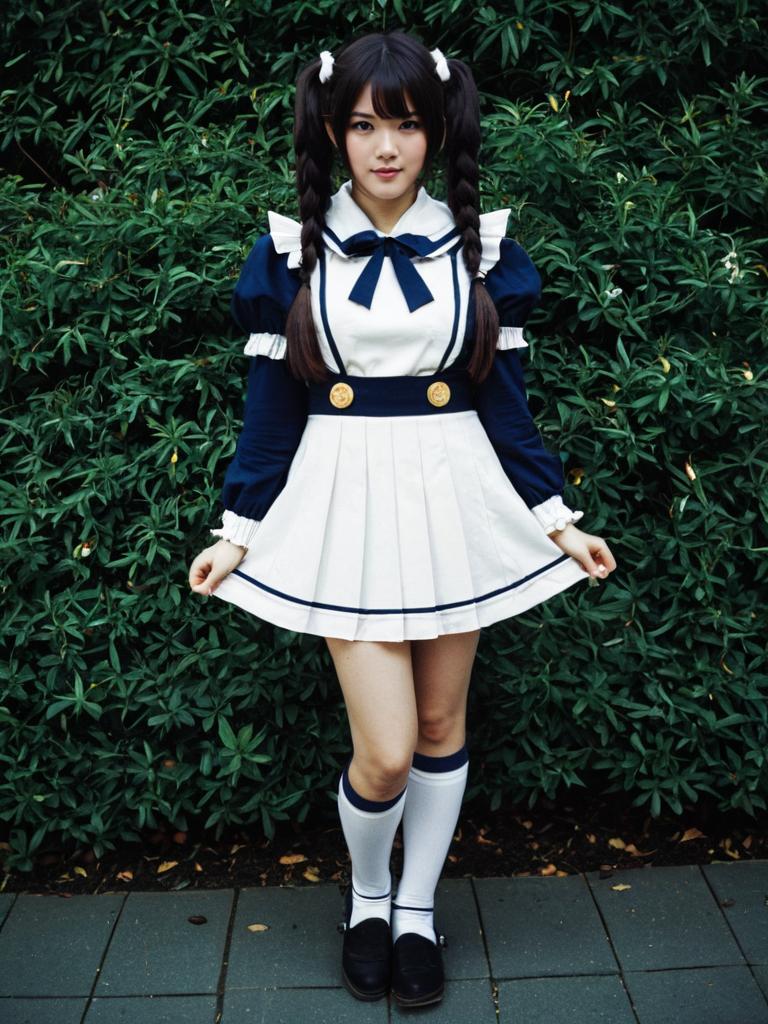 Young Woman in Navy and White Sailor Dress with Braided Pigtails