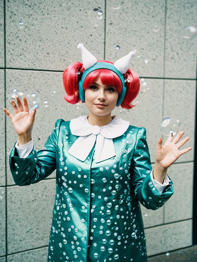 Realistic Woman Cosplaying Bubbles from Powerpuff Girls with Bubbles Floating