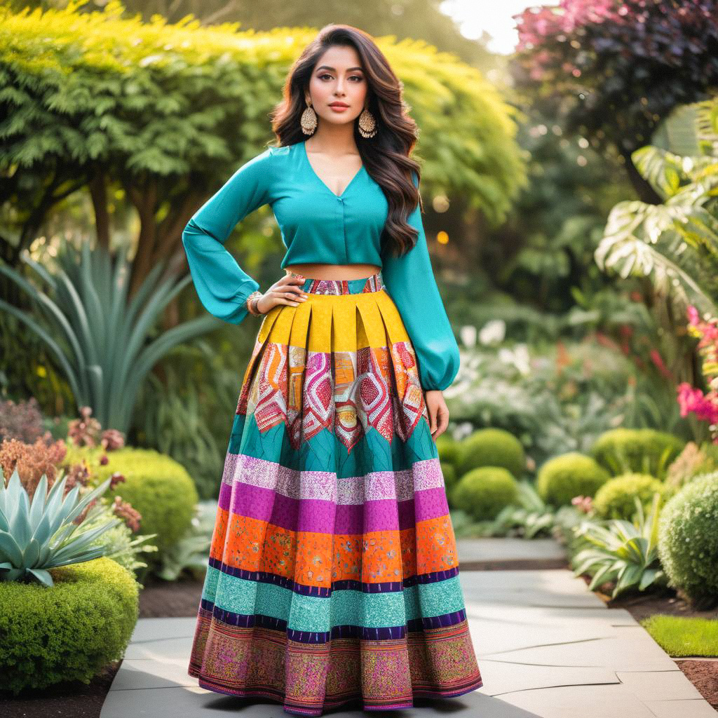 Woman in Vibrant Traditional Outfit in Lush Garden