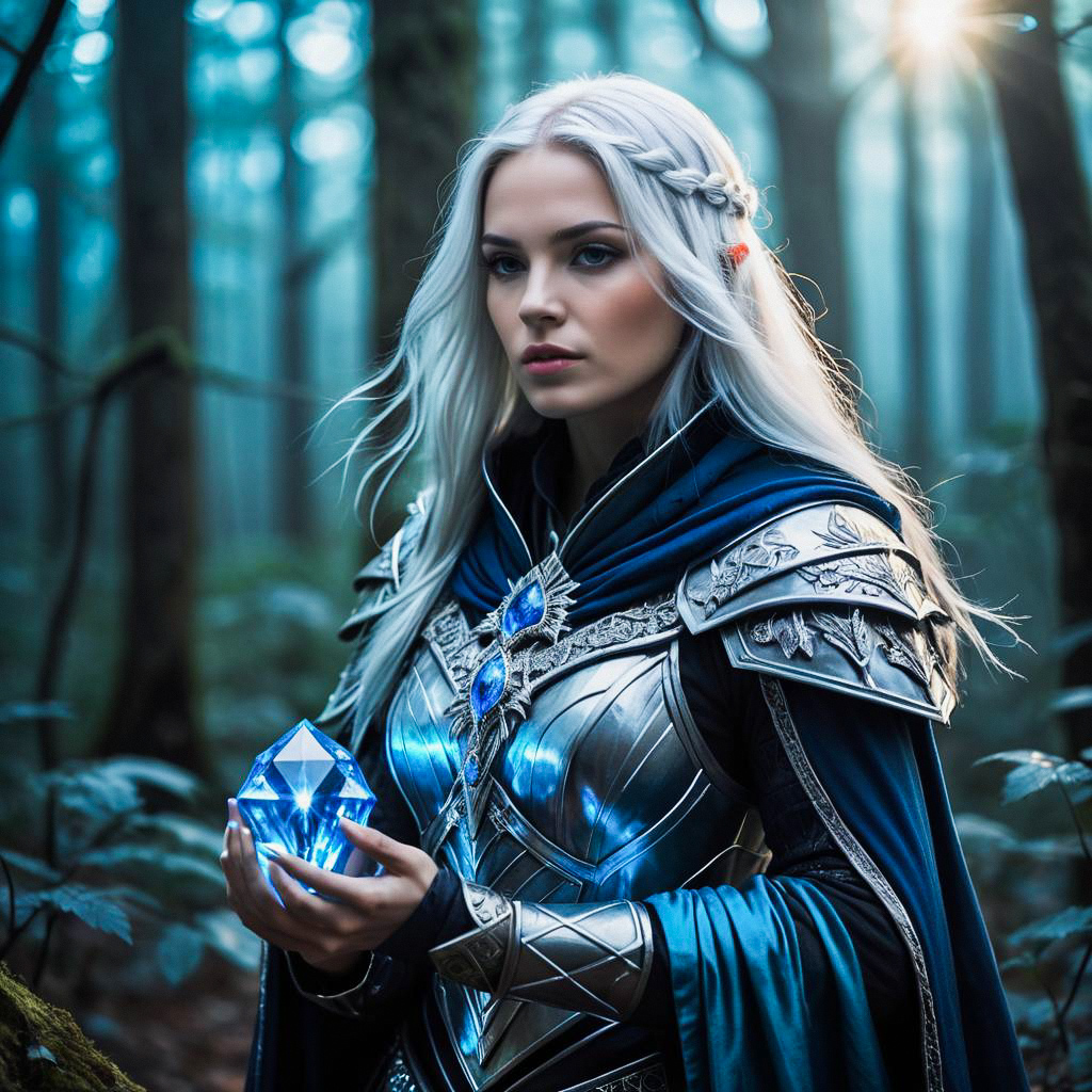 Silver-haired Woman in Armor with Blue Crystal in Misty Forest