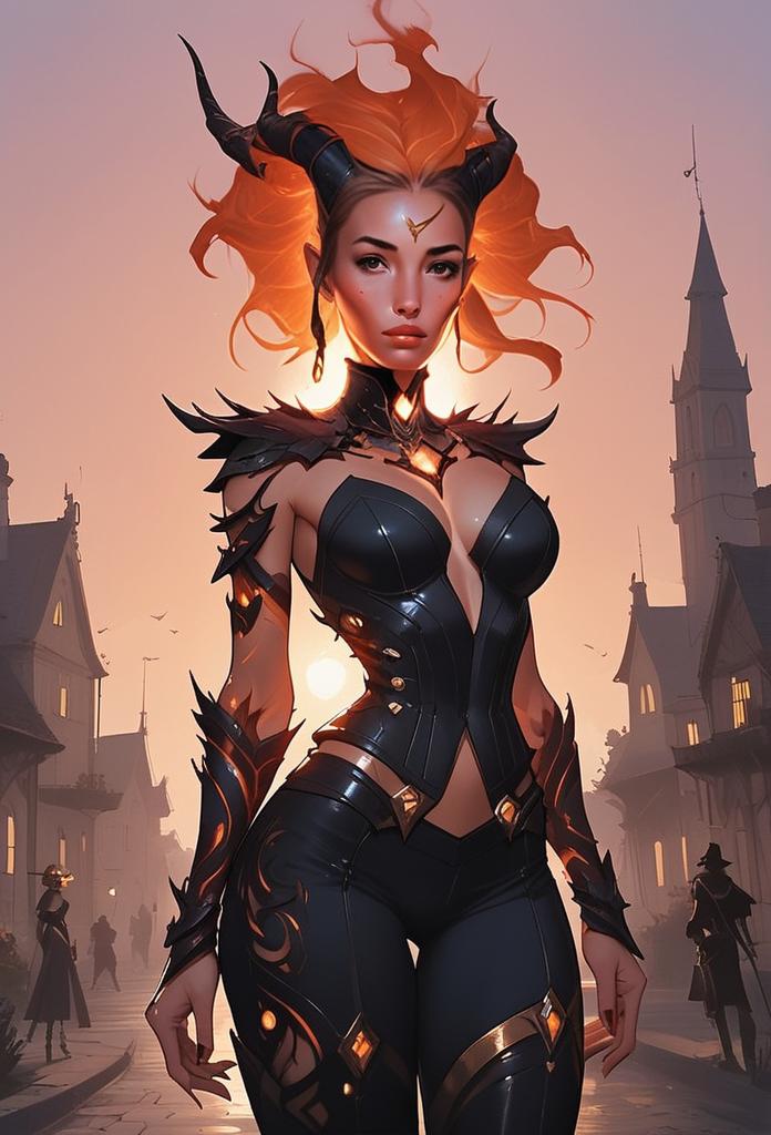 Fantasy Woman with Fiery Hair in Mystical Village Fantasy Woman with Fiery Hair in Mystical Village