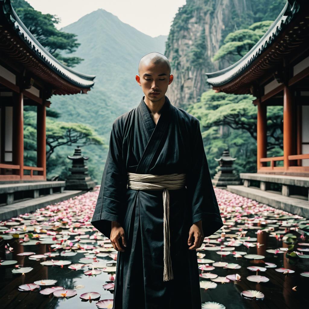Serene Japanese Man in Traditional Kimono Amid Lotus Pond and Temple Architecture