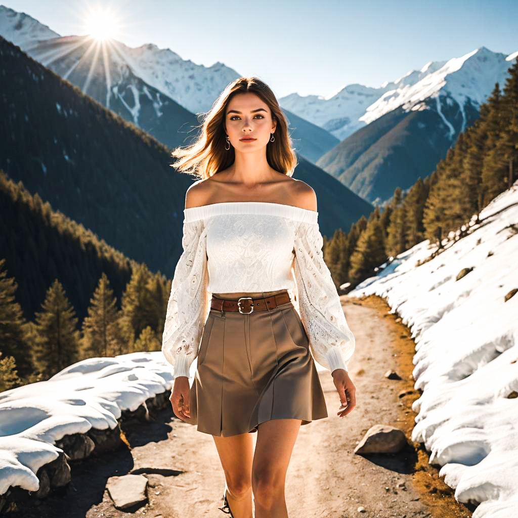 Woman in Off-the-Shoulder Top on Scenic Mountain Path