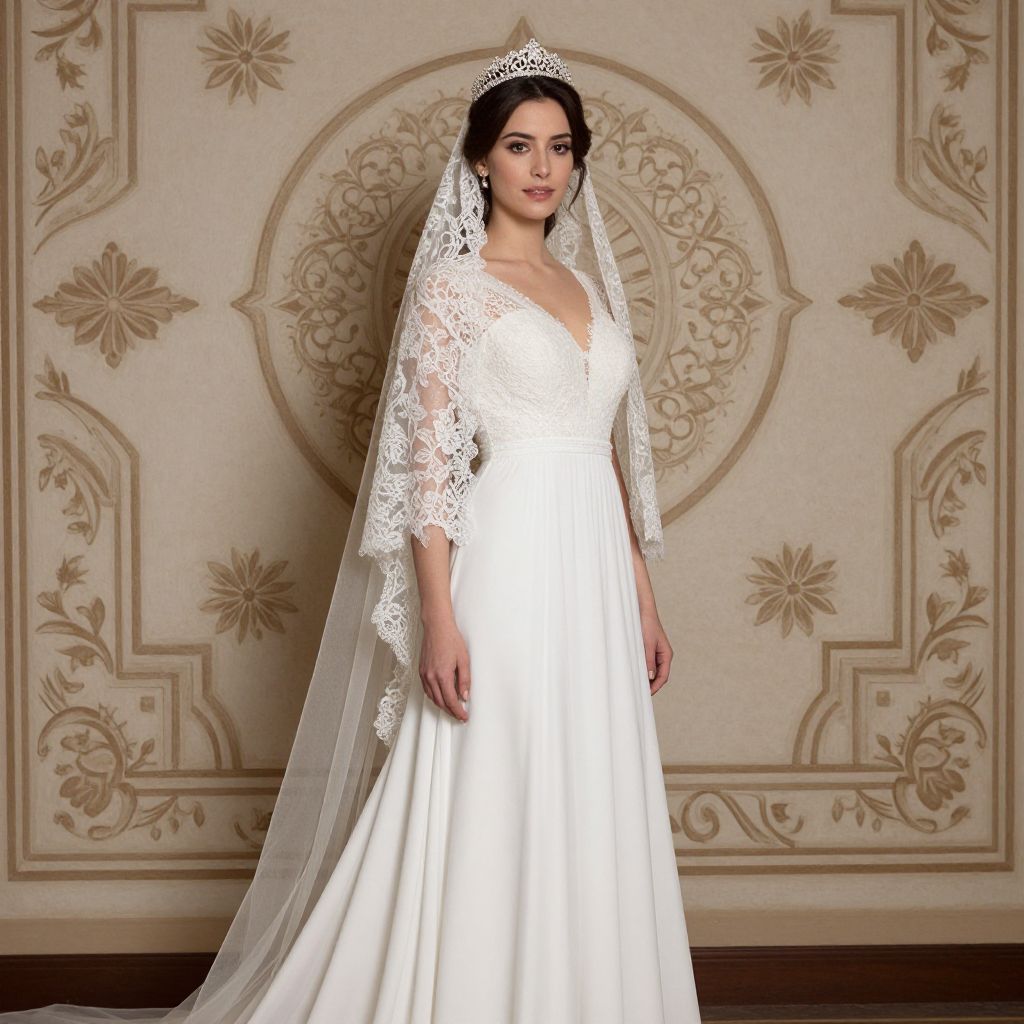 Elegant Classic Lace Wedding Dress with Tiara and Veil